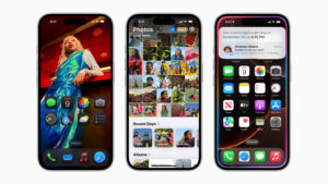 Three iPhone 16 Pro screens show the customizable Home Screen, the redesigned Photos app, and Apple Intelligence accessed by Siri.